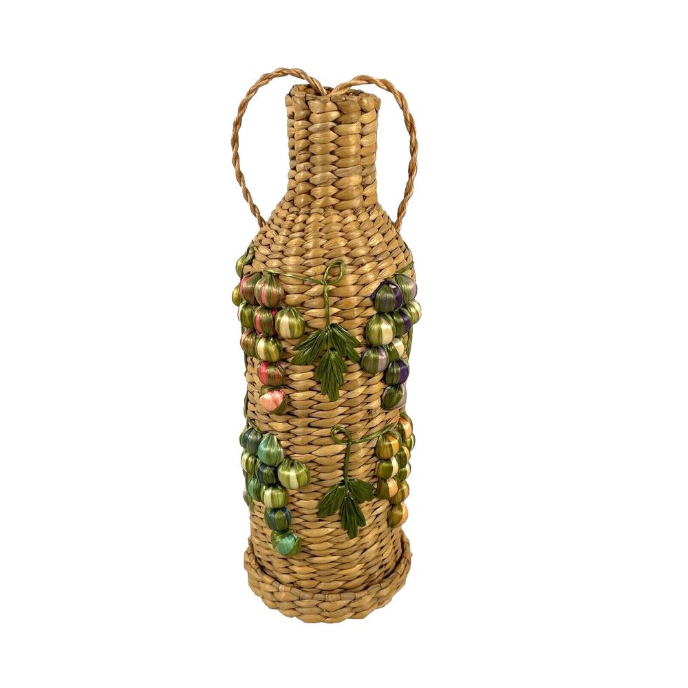 Vintage Woven Raffia Wine Bottle Holder – MCM Boho Travel Carrier Picnic Decor